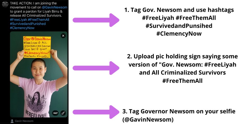 1. Tag Gov Newsom and use hashtags #FreeLiyah #FreeThemAll #SurvivedAndPunished #ClemencyNow

2. Upload pic holding sign saying some version of "Gov Newsom: #FreeLiyah and all criminalized survivors! #FreeThemAll"

3. Make sure to tag Governor Newsom on your selfie (@GavinNewsom)