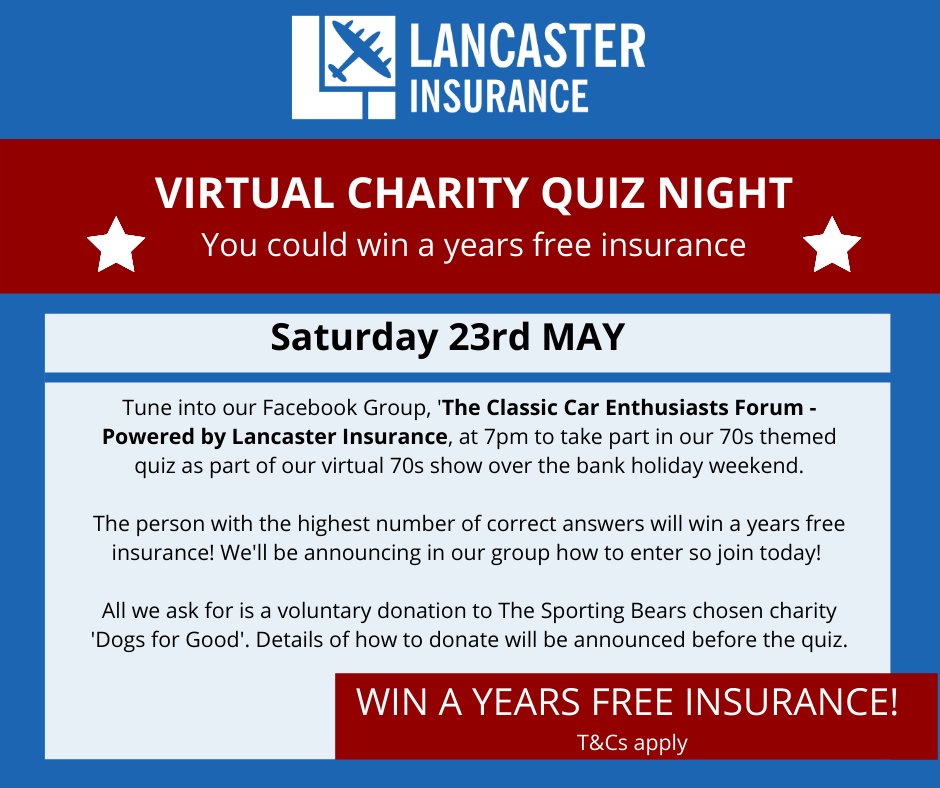 Lancaster_Ins's tweet photo. As part of our Virtual 70s show we will be hosting a 70s themed quiz in our Facebook Group 'The Classic Car Enthusiasts forum
Classic Car Enthusiasts Forum – Powdered By Lancaster’ for the chance to win a year’s free insurance! 

T&amp;C’s apply: https://t.co/4omRTQRKhN https://t.co/lB3q62Ullz