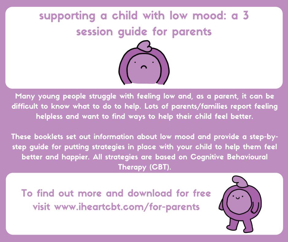 New 3 session guide to help parents/families support a child who is struggling with feeling low in mood 🧠 

Download for free ⬇️ 
iheartcbt.com/for-parents 

#MentalHealthAwarnessWeek #mentalhealth #MentalHealthAwarenessWeek2020 #depression