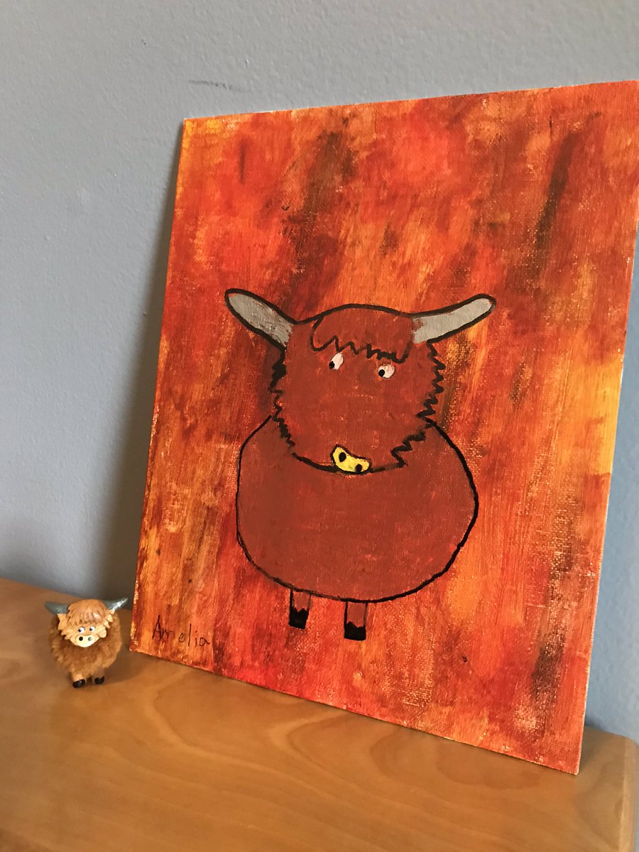 jaunca's tweet photo. Quarantine art by my girl. @OldSchoolBeauly we got the little guy at a stop to your shop last summer. We can’t wait to visit again! #highlandcoos #highlands #scotland https://t.co/tGJHWxSY16