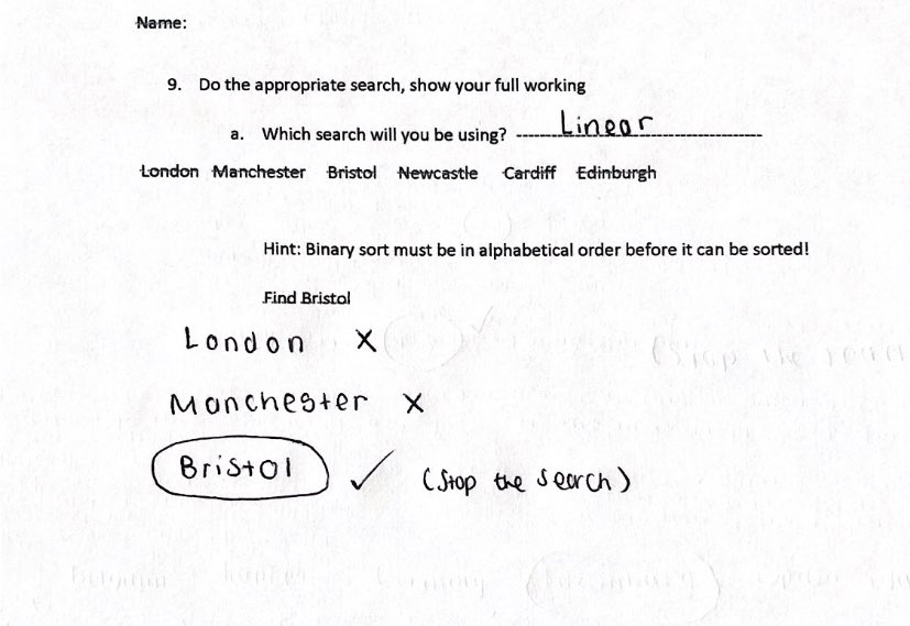 Some Fantastic work on Searching Algorithms, Well done Amaani for showing 100% resilience #Hardwork #Trust #Fairness #ClimbingTheMountain @DTA_Computing <a href="/k_welham/">K Welham</a>
