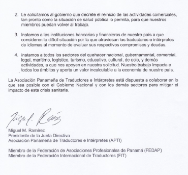 APTI_Panama's tweet photo. @APTI_Panama
 La Asociación Panameña de Traductores e Intérpretes emite el siguiente comunicado al Gobierno Nacional y al país en función de la pandemia mundial del COVID-19 que afecta a nuestros miembros. @CCIYAP @MICIPMA @MeducaPma @NitoCortizo @migracionpanama @OJudicialPanama https://t.co/9Ri5rlgKjS