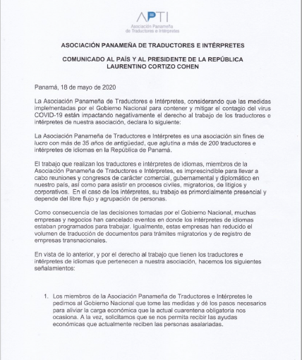 APTI_Panama's tweet photo. @APTI_Panama
 La Asociación Panameña de Traductores e Intérpretes emite el siguiente comunicado al Gobierno Nacional y al país en función de la pandemia mundial del COVID-19 que afecta a nuestros miembros. @CCIYAP @MICIPMA @MeducaPma @NitoCortizo @migracionpanama @OJudicialPanama https://t.co/9Ri5rlgKjS