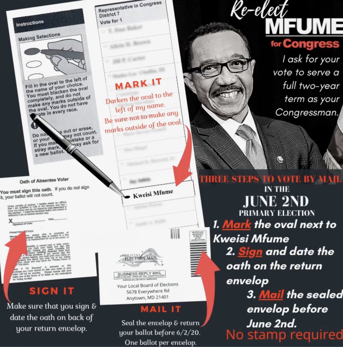 Mfume4Congress's tweet photo. Check your mail this week for your 7th Congressional District primary election ballot, returned ballots must be postmarked before June 2nd. Vote to ReElect Kweisi Mfume! #MfumeforCongress #VoteByMail #VoteByJune2nd #ReElectMfume #MarkItSignItMailIt https://t.co/jSsn8Sq1tK