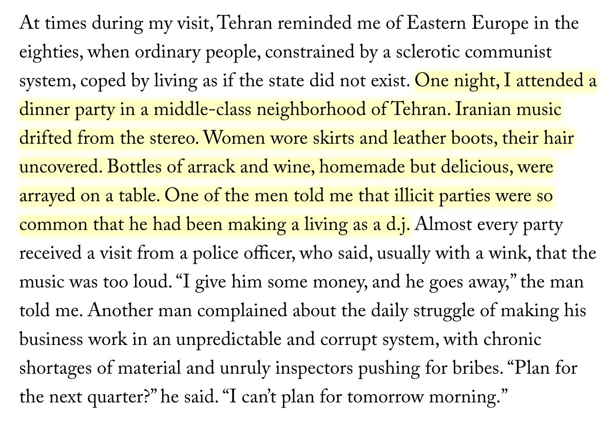 I was really hoping there wouldn't be the requisite account of an underground Iranian party where the women wear skirts and everyone drinks wine, but there it was