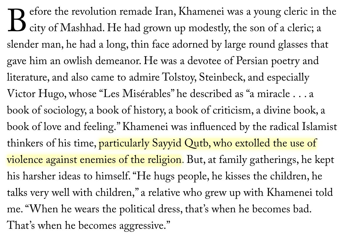 And if you have only one sentence to sum up Qutb, this seems like an odd choice. Qutb didn't become as influential as he did, including for Iran's clerics, because of his extolling violence (that wasn't exactly a new idea)