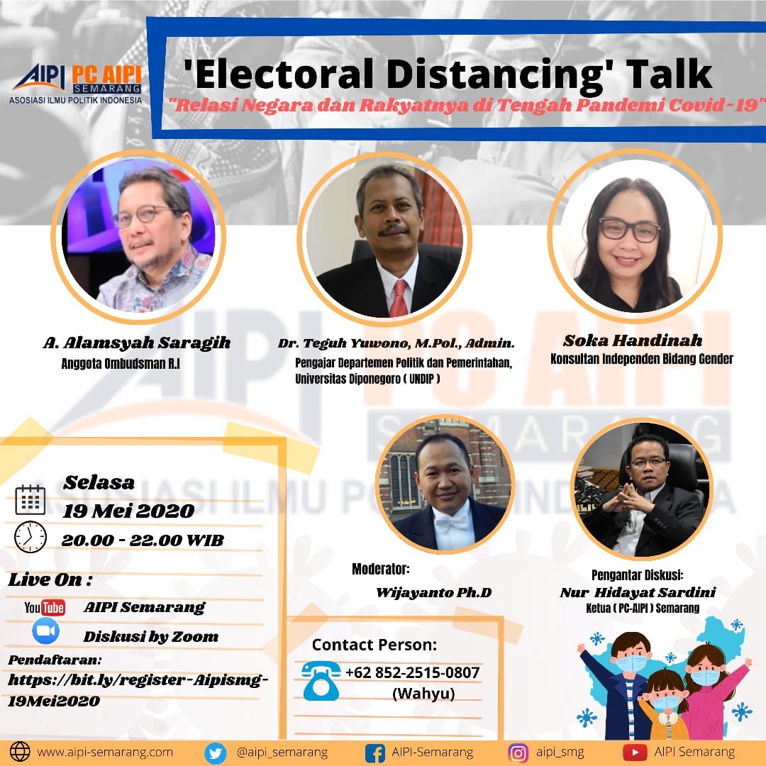 Relasi Negara dan Rakyatnya Di Tengah Pandemi Covid-19 PC-AIPI Semarang Selasa 19 Mei 2020 Pukul 20.00 WIB. <a href="/nurhidayatsardi/">Nur Hidayat Sardini</a> <a href="/AlfitraSalamAPU/">Alfitra Salamm</a> <a href="/Alamsyahsaragih/">Alamsyah Saragih</a> <a href="/RadioElshinta/">Radio Elshinta</a> <a href="/sy_haris/">Syamsuddin Haris (IG: syamsuddin_haris)</a> @syarifntoke <a href="/verrianto_m/">Verrianto Madjowa</a> <a href="/OmbudsmanRI137/">Ombudsman RI</a> <a href="/undip/">Universitas Diponegoro</a> <a href="/ElshintaDotcom/">ElshintaNews</a> <a href="/elshinta_smg/">Radio Elshinta Semarang 91 FM</a> <a href="/mnctrijayafmsmg/">MNC Trijaya FM Smg</a>