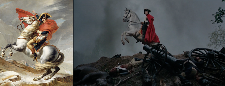 El cual nos interesa porque protagoniza esta escena de aquí.A la izquierda, "Napoleón cruzando los Alpes" (1801) de Jacques-Louis David. A la derecha, fotograma de la película de "Marie Antoniette" (2006) de Sofia Coppola.