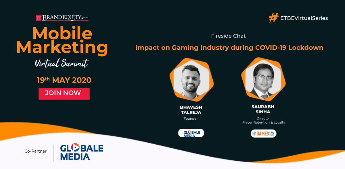 ETBrandEquity's tweet photo. Live Now!

What is the covid-19 lockdown impact on the gaming industry? Find out in this fireside chat between @Globale_media's Bhavesh Talreja and @games24x7's Saurabh Sinha.  

Join Now: https://t.co/50DdWIOidl

#ETBEVirtualSeries #BEMobileMarketing https://t.co/lel4R5oNRM