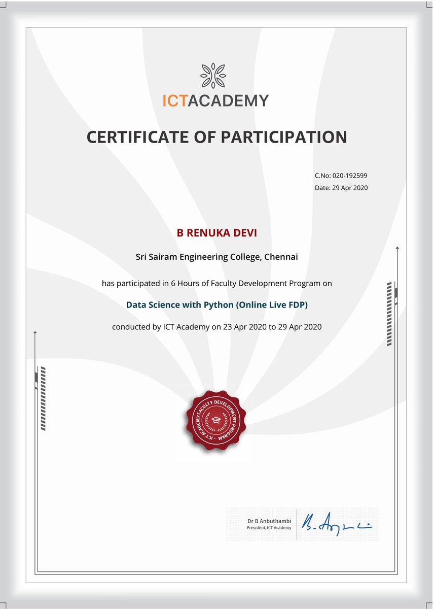B_Renuka_devi's tweet photo. Thanks to ICT Academy for organizing this online FDP during  Covid-19 pandemic to make ourselves engaged with new things. #SairamEngg #DigitallySairam #fdp #online #covid https://t.co/WUWcIjQKwA