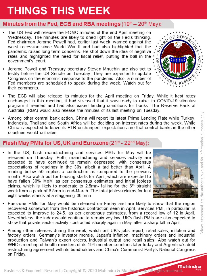 #ThingsThisWeek
Watch out for state specific advisories after lockdown extension by the Centre. #Fed & #ECB Minutes, US & EZ Flash #PMIs + WHO’s meeting of health ministers. Argentina’s debt restructuring agreement with its bondholders & China’s National Congress on Friday.