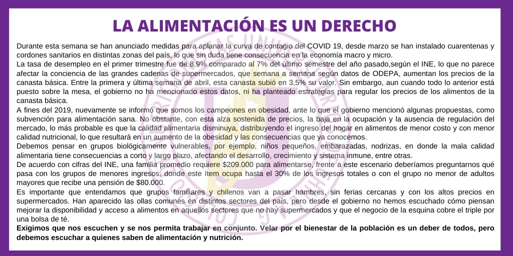 nutrichile's tweet photo. #LaAlimentacionEsUnDerecho
Hacemos un llamado a tod@s nuestr@s colegas a compartir el comunicado, etiquetar a senadores, diputados y medios de comunicación. ¡No nos quedaremos callad@s!

@KarlaEnAccion 
@chahuan
@carolinagoic
@guidogirardi
@quinterosenador
@Luzebensperger https://t.co/0naNef8RTP