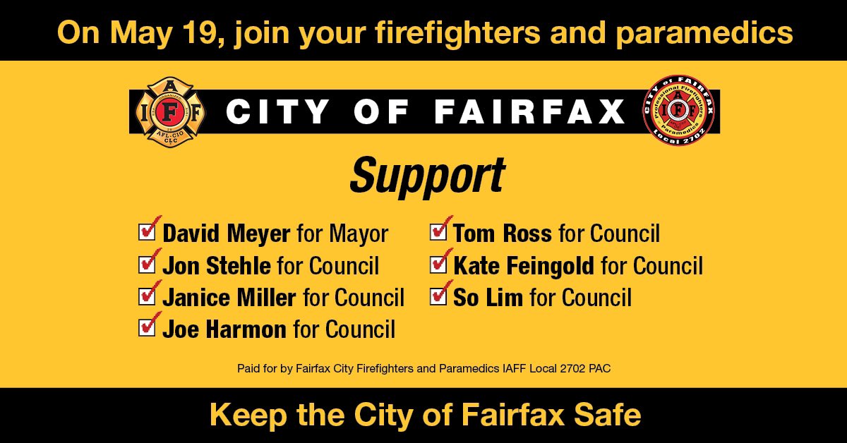joecharley's tweet photo. @CityofFairfaxVA Residents Please get out &amp; #voteFairfaxCity  @VoteFairfaxCity tomorrow May 19th &amp; consider voting for those candidates @IAFF_Local_2702 has endorsed as friends of firefighters #LocalPoliticsMatter @TheVaPFF @IaffPolitics @DoyleFeingold @JonStehle @SoLim4Fairfax https://t.co/HV79ndfDf3
