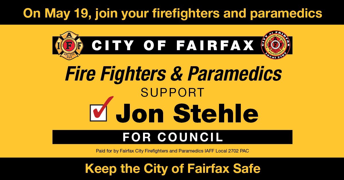 joecharley's tweet photo. @CityofFairfaxVA Residents Please get out &amp; #voteFairfaxCity  @VoteFairfaxCity tomorrow May 19th &amp; consider voting for those candidates @IAFF_Local_2702 has endorsed as friends of firefighters #LocalPoliticsMatter @TheVaPFF @IaffPolitics @DoyleFeingold @JonStehle @SoLim4Fairfax https://t.co/HV79ndfDf3
