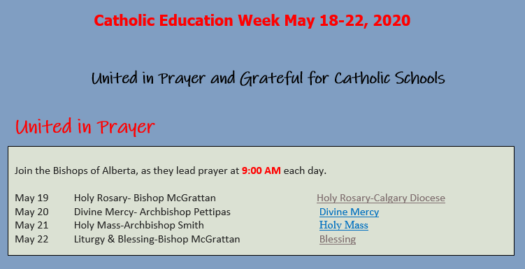 GrACE4cathed's tweet photo. REVISED!!!  Please review the update below for links to daily prayer during Catholic Education Week.  Tomorrow's Rosary will be hosted by the Diocese of Calgary.  Please join us in praying for Catholic Education. #iBelieveinCathoicEd https://t.co/RqqWYjCIDa