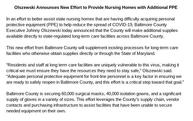 BaltCoGov's tweet image. .@BaltCoExec Johnny Olszewski has announced that the county will make supplies available directly to state-regulated long-term care facilities across Baltimore County, including 60,000 surgical masks, 40,000 isolation gowns &amp;amp; a significant supply of gloves in a variety of sizes.