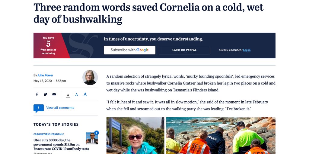 Screen shot of Sydney Morning Herald article in which woman explains her experience of being rescued using what3words with Ambulance Tasmania.