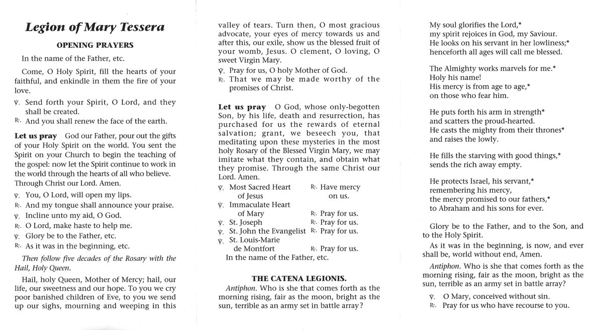 LegionOfMaryTO's tweet photo. The Tessera 

"A leaflet called the Tessera, containing the Prayers of the
Legion and bearing a reproduction of the Legion Picture, shall be issued to every member, active and auxiliary."
(LOM Handbook, p.148)

Available in multiple languages. 🌏🌍🌎

#legionofmary https://t.co/CpMmWmFrNP