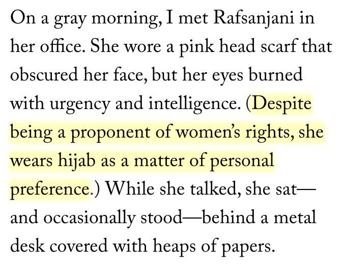 And why would Filkins use "despite" in this manner—as if to suggest that it's odd or paradoxical that a woman wearing a headscarf would actually support women's rights?