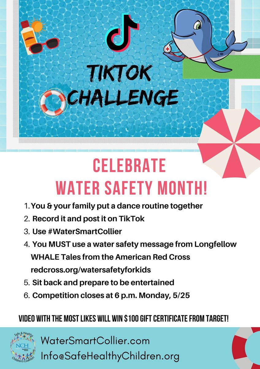 HealthyKidsCC's tweet photo. TIKTOK CHALLENGE - CELEBRATE #WATERSAFETY MONTH!
Use #WaterSmartCollier  
You MUST use a water safety message from #Longfellow #WHALETales from the @RedCross https://t.co/ggU4IiOdYO
Competition closes 6 p.m. 5/25
@poolsafely @collierschools @CTHarvey @95210letsgo @ccpsDRIVE2BFIT https://t.co/s23IJUNp6v