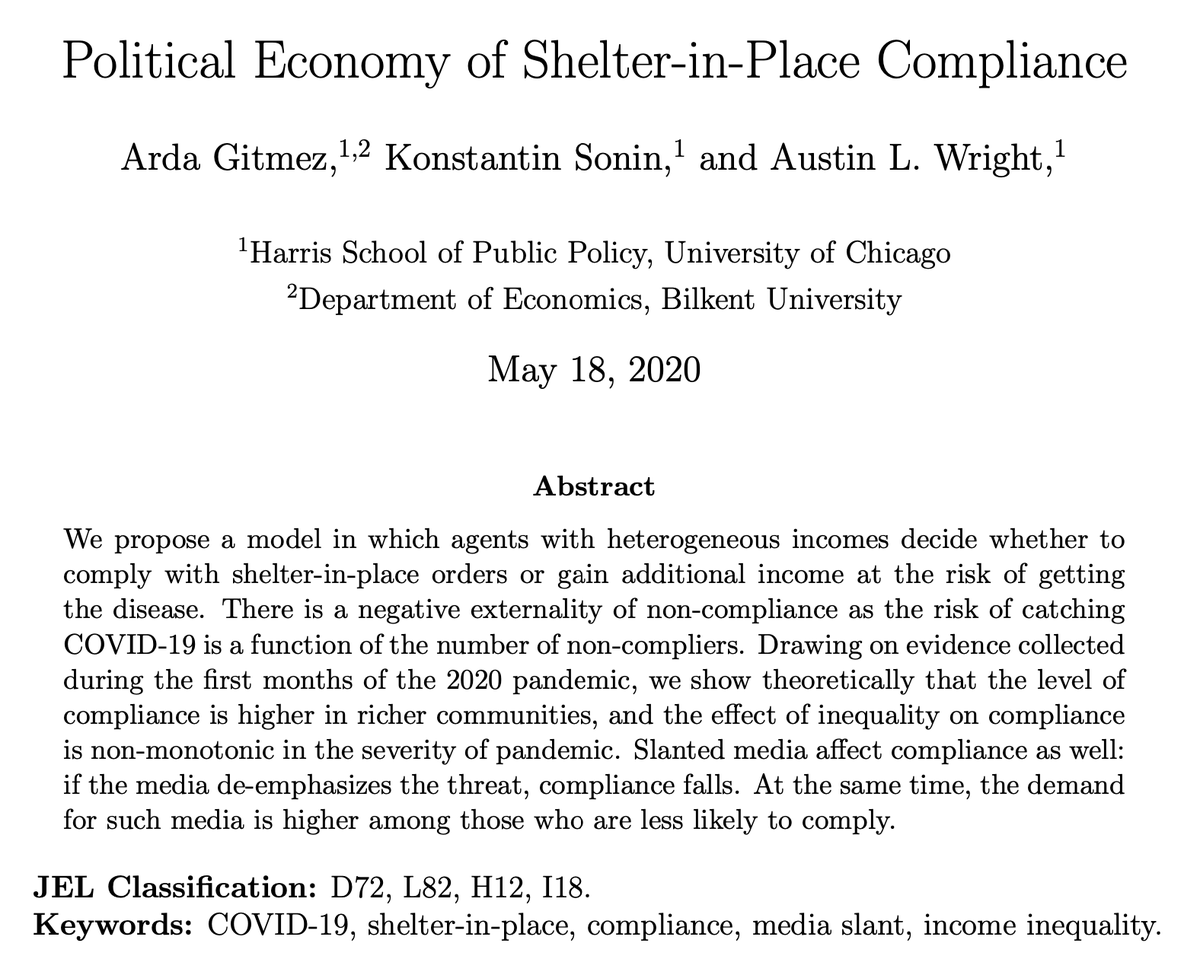 austinlwright's tweet photo. Pleased to announce a new working paper with @AArdaGitmez and @k_sonin on income, media slant, and compliance with government policies during a pandemic. The theoretical results provide an economic microfoundation for #COVID19 papers on social distancing. https://t.co/hTuMHGRBz0 https://t.co/T6bjQrOkbh