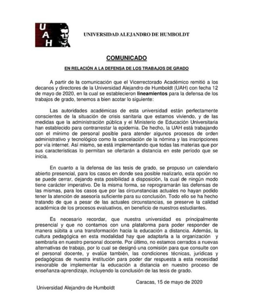 Mmorin_informa's tweet photo. La Universidad Alejandro de Humboldt insiste en obligar a estudiantes a realizar defensas de Trabajos de Grado de forma presencial. La gran pregunta: tienen un sistema para realizar on Line un semestre pero no para las defensas de los Tesistas?...contradictoria comunicación https://t.co/R4RePP85uo