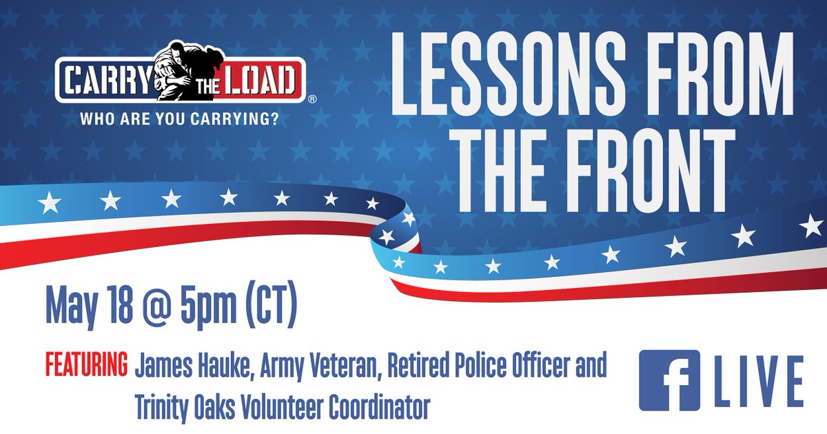 CarryTheLoad's tweet photo. On today's "Lessons From The Front," Todd Boeding is joined by James Hauke - Army Veteran, retired police officer, and Trinity Oaks Volunteer Coordinator. See you there! #CarryTheLoad #WhoAreYouCarrying #TrinityOaks https://t.co/kZjYaZwcqb