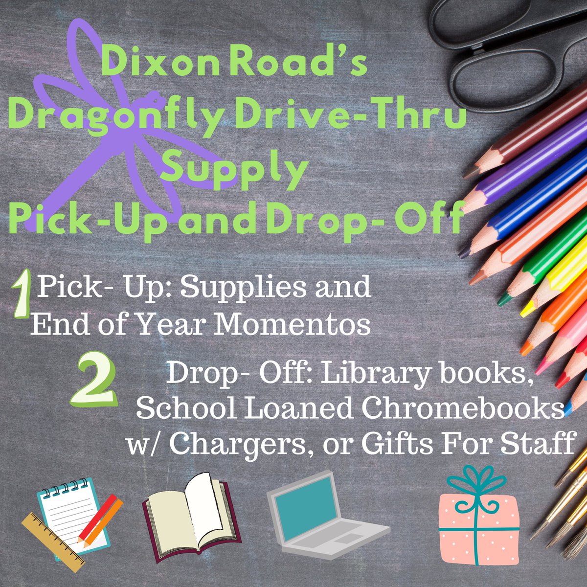 DixonRoadElem's tweet photo. Dixon road families, we will be having a supply pick up and drop off event June 2nd - 4th. This is a time for students to pick up their school supplies, drop off loaned items from the school, and visit with their teacher one last time! More info in the pics below! @DRESPTO https://t.co/G29ETx3fzw