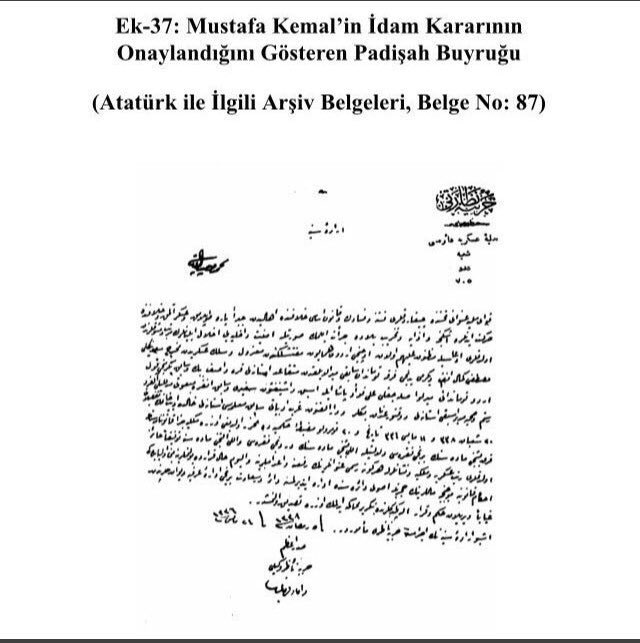 16) Vahdettin Atatürk ve arkadaşlarının idam kararını onadı. Tıpkı ecnebilere şirin gözükmek için idama mahkum edilen milli şehidimiz Boğazlıyan Kaymakamı Kemal Bey’in idamını onayladığı gibi.İşte belgesi: