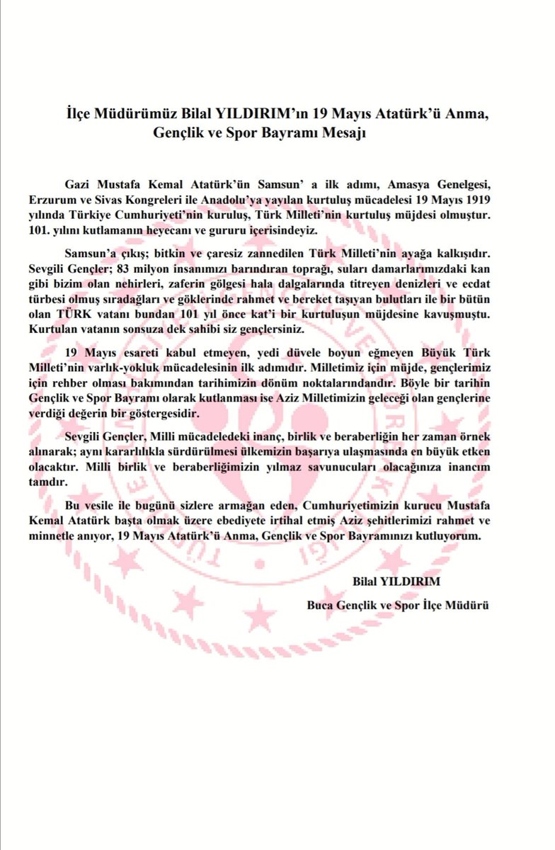 İlçe Müdürümüz <a href="/BLL__YILDIRIM/">𝓑𝓲𝓵𝓪𝓵 𝓨𝓘𝓛𝓓𝓘𝓡𝓘𝓜</a> 'ın 19 Mayıs Atatürk’ü Anma, Gençlik ve Spor Bayramı Mesajı.
#101yılındailkgünkiheyecanla