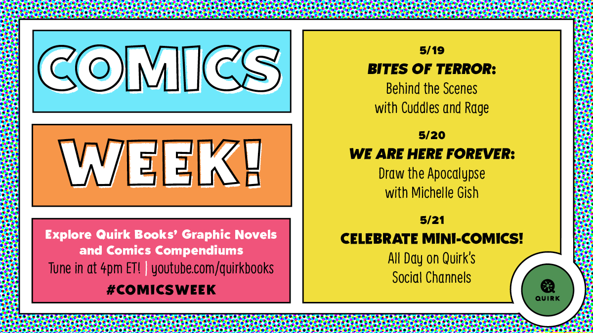 quirkbooks's tweet photo. We have more fun videos coming your way this week! Head to our YouTube channel tomorrow at 4pm ET to go behind the scenes with @cuddlesandrage. They'll show you how they built a diorama from their graphic novel, #BitesofTerror, and offer tips on how to make your own. #ComicsWeek https://t.co/DJGl97mCry