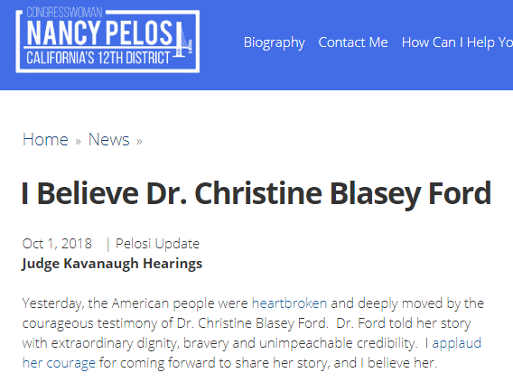 6/ NANCY PELOSI: “Dr. Ford told her story with extraordinary dignity, bravery and unimpeachable credibility.. I believe her.”  https://pelosi.house.gov/news/pelosi-updates/i-believe-dr-christine-blasey-fordAsked about Reade: "The happiest day for me this week was to support Joe Biden for president."  https://www.usatoday.com/story/news/politics/elections/2020/04/30/biden-tara-reade-accusation-nancy-pelosi-defends-ex-vice-president/3056450001/
