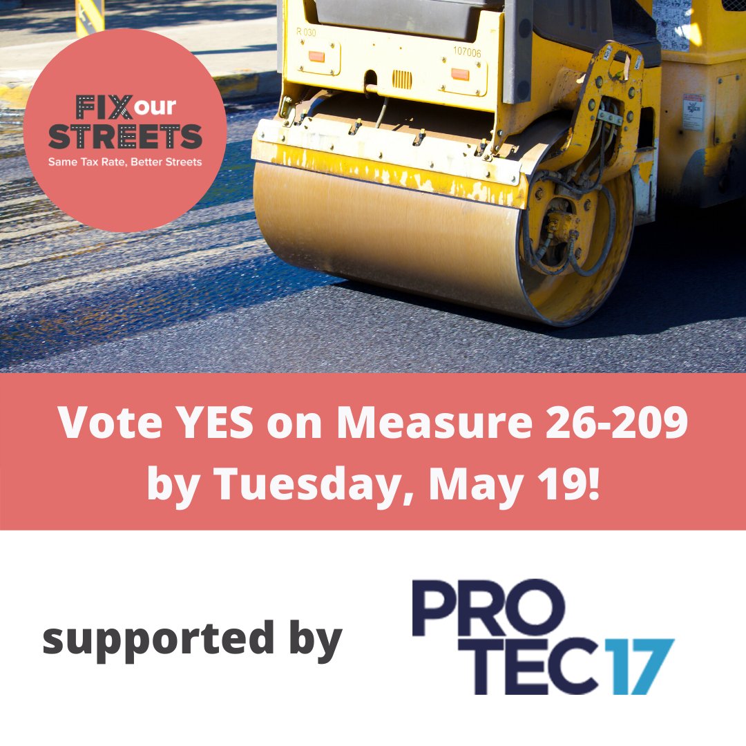 So thankful to have the support of <a href="/PTE17/">PROTEC17</a>, hard-working professionals across the Pacific Northwest that ensure our city, county, state, and public agencies operate smoothly. Vote YES on Measure 26-209 so we can #FixPDXStreets.