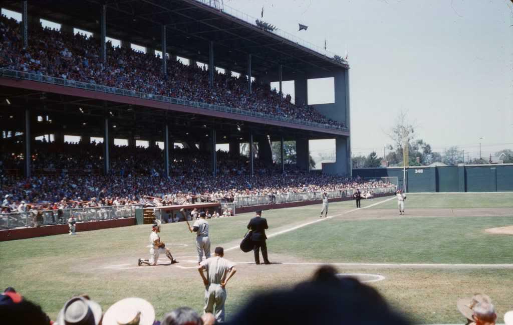 Wrigley Field, Los Angeles, May 7, 1961 - Mickey Mantle is about to bat as his Yankees take on expansion LA Angels, the Majors third team in California. The teams split the first two games of three-game series but Angels would take the rubber match by 5-3 score in front of 19,722