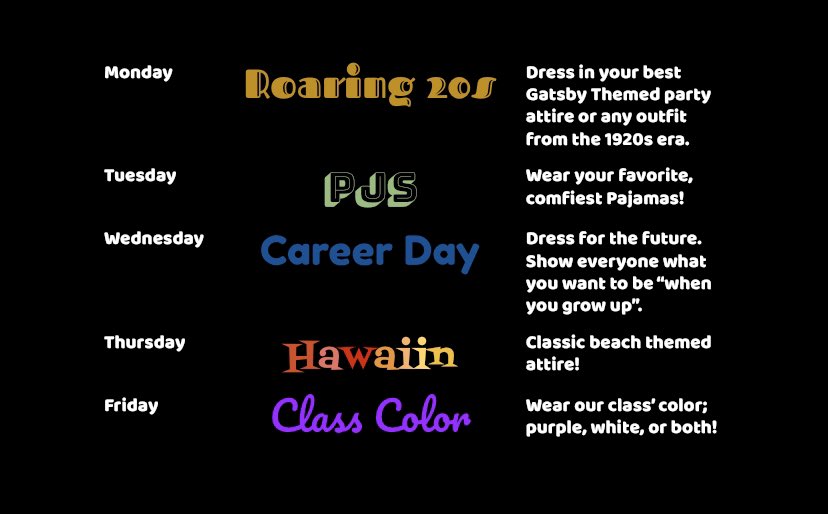 Rossford2020's tweet photo. Seniors, next week 5/25-29, we are going to do our themes that we had planned for our Senior Week. The themes are below and if you would like to participate, meet at the high school each day at 3pm for a class picture (wearing masks and practicing social distancing, of course!) https://t.co/he9hhVRw1u