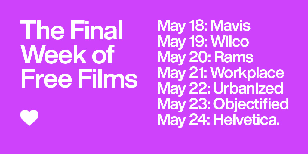 gary_hustwit's tweet image. Our final week of free films: all of them! If you missed one over the past few months, you’ve got a second chance. The free films go live each day at 12pm EST, and run through 12pm the next day. 

Watch 'em here: ohyouprettythings.com/free