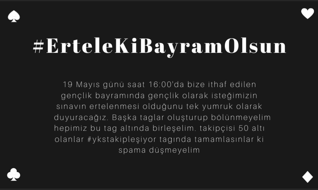 19 Mayıs saat 16 da sınavın ertelenmesi için tweetler atılacak herkesten ricam bunu duyuralım
#ykstarihinedokunma
#sınavlarertelensin  
#ykstakiplesiyor
#YksErteleVirusuYayma 
#SınavTemmuzSonu 
#TrumpYksyiErtele  
#TurizmBakanıYksErtele
#VirüsSınavaSığar 
#ÖğrenciyePandemiYokmu