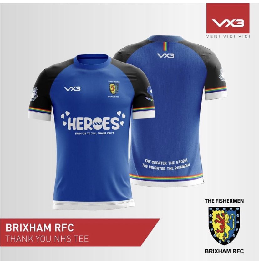 THIS FRIDAY IS THE LAST OPPORTUNITY ! To purchase !! 
Support BRFC and the NHS For every tee ordered £7.50 goes to the NHS, and £5 back to Brixham Rugby Club. 
Order Adult (XS-7XL) - £30 - vx-3.com/T-Shirts/VX3/B… 
Kids (SY-XLY) - £25 - vx-3.com/T-Shirts/VX3/B…!