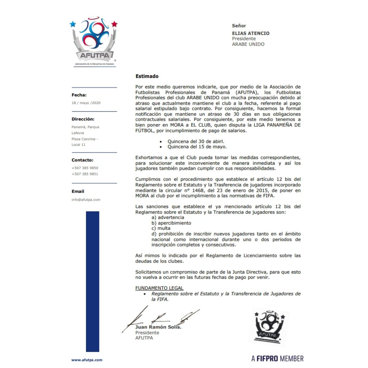 AFUTPA's tweet photo. El Club @alianzafc y @ArabeUnido_ fueron puestos en Mora por el incumplimiento salarial de 1 mes. Exigimos a @fepafut fiscalizar a sus miembros y comprometerlos a cumplir con sus obligaciones contractuales.

@FIFPro
@MitradelPma https://t.co/QhB7v8oirJ
