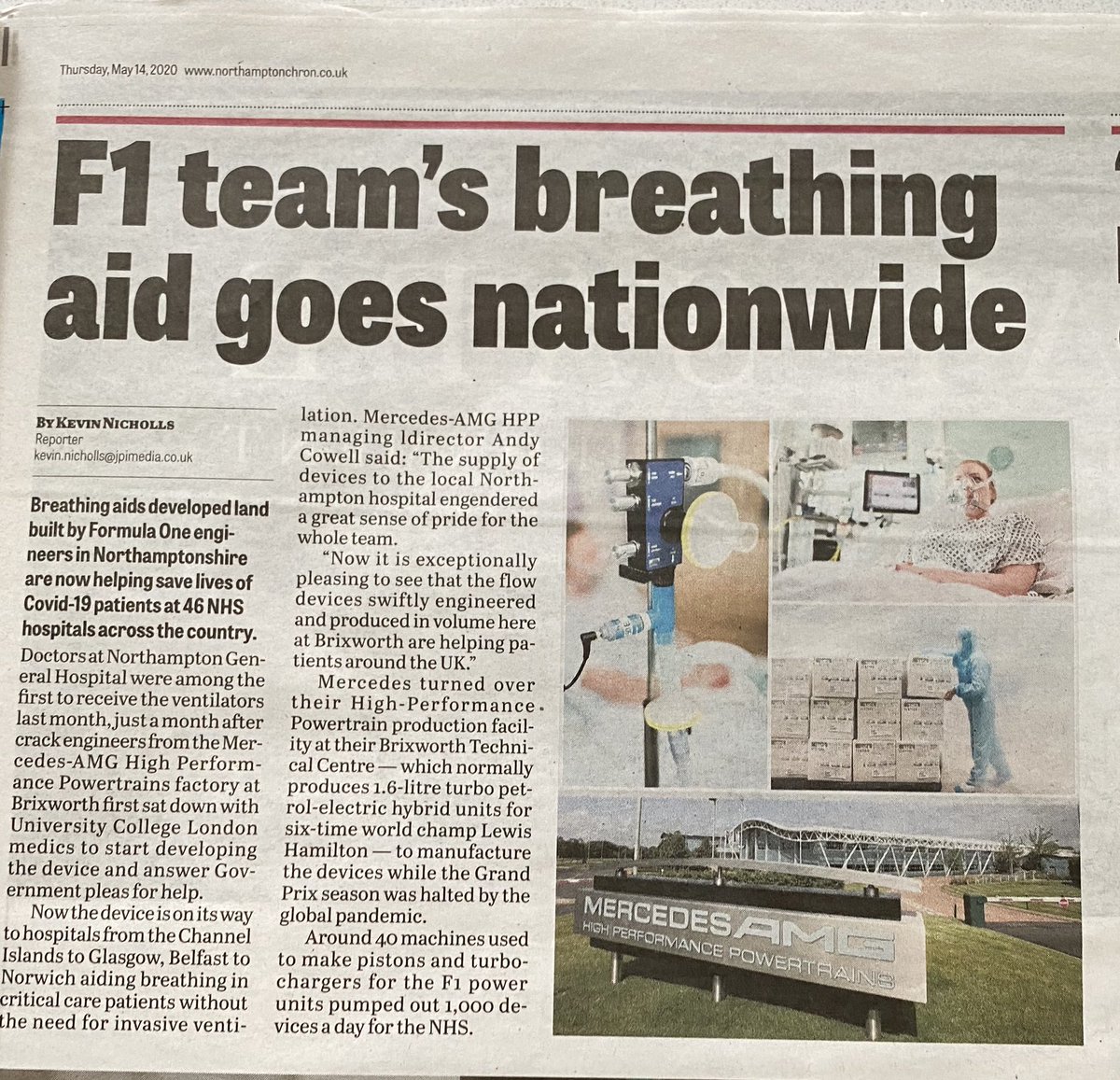 ESSCassie's tweet photo. What a positive result @MercedesAMGF1 developing breathing aids in this pandemic, saving lives @ChronandEcho 👏👏👏 https://t.co/OhjZpM5yjO