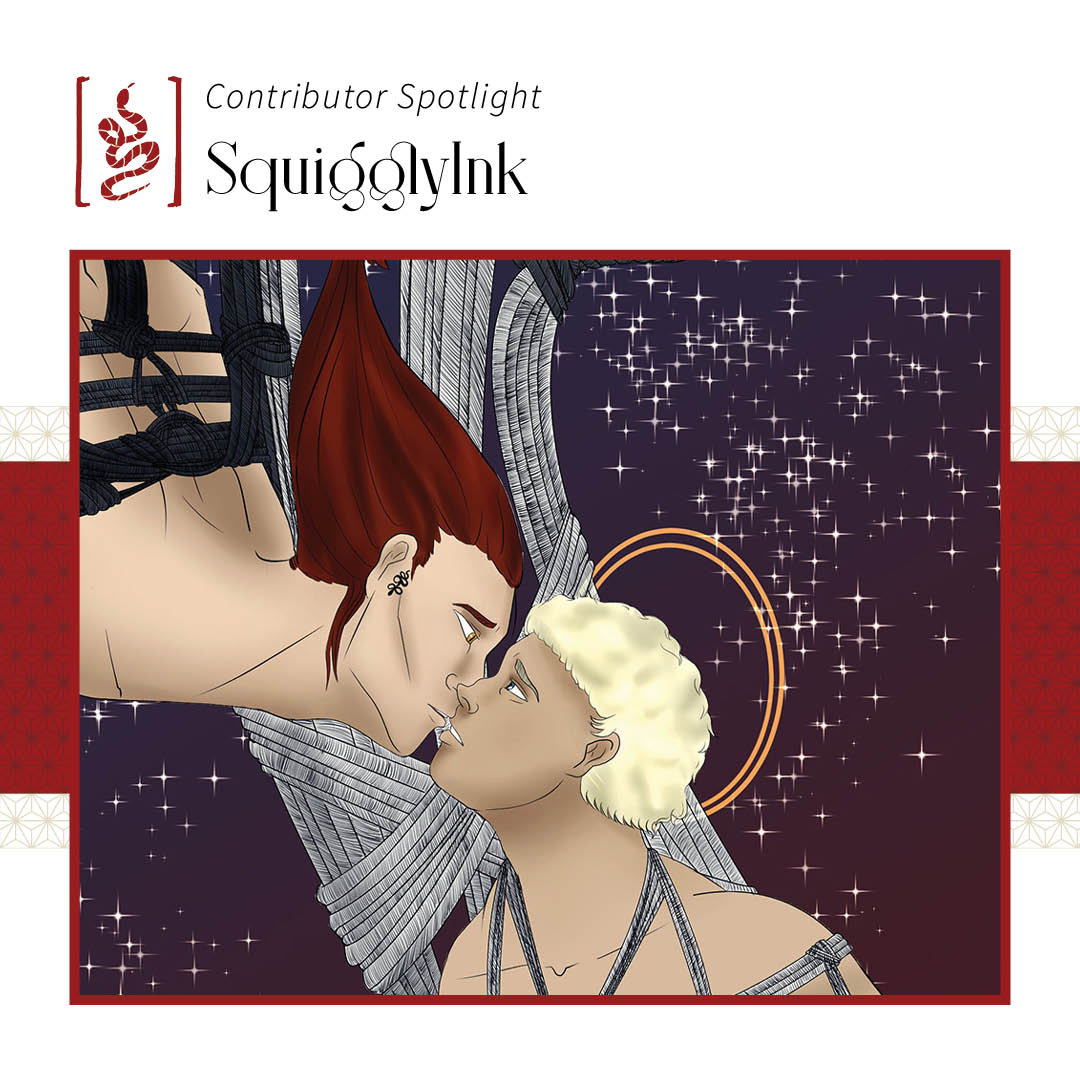 BondZine's tweet photo. Today's Contributor Spotlight: SquigglyInk!
Twitter link: 
https://t.co/zoj5MKmKjZ

#thebond #thebondzine #shibari #goodomens #goodomensprime #ineffablehusbands #crowley #aziraphale #angel #demon #zine https://t.co/mASOsRQtYZ