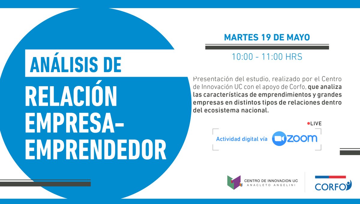 📌Te esperamos mañana a las 10:00 hrs en la presentación del estudio "Análisis de relación empresa - emprendedor", realizado por nuestro Lab de I+D+i Empresarial con el apoyo de <a href="/Corfo/">Corfo</a>. Inscríbete para participar en bit.ly/2YUFAic
