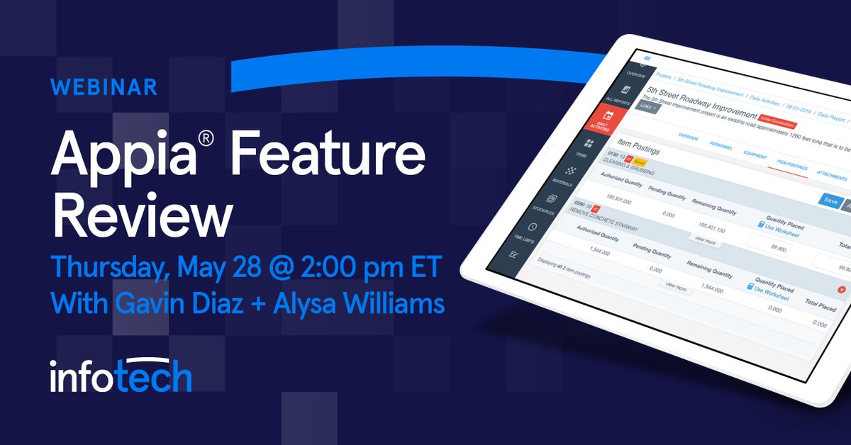 infotechinc's tweet photo. Our upcoming Appia Feature Review webinar will cover some of the enhancements and features we’ve added in the past year. Not an Appia user? Attend to learn more about how our tools can streamline your process! https://t.co/ANGtQWZybJ #constructionmanagement #contech #inspection https://t.co/7yE9kDboOG
