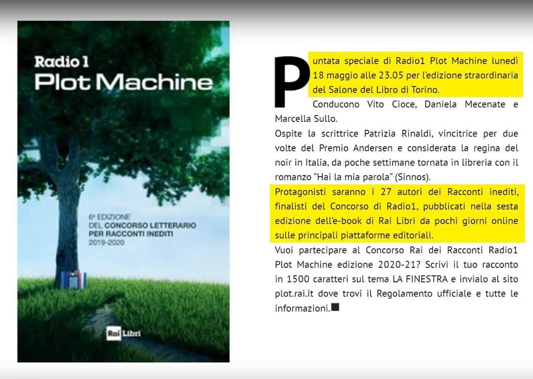 su #Radio1Rai h 23.05 speciale di #Radio1PlotMachine presenta ebook n. 6 di #RaiLibri antologia dei 27 racconti brevi selezionati dalla trasmissione. Tra i 27 pure il sottoscritto con il racconto 'Lo zingaro'.
#cosedascrittori