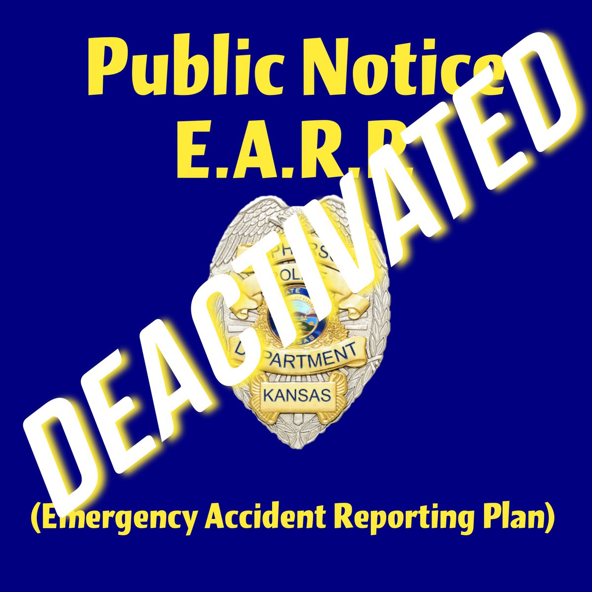 McPhersonPD's tweet photo. MCPHERSON POLICE DEPARTMENT PUBLIC NOTICE
Effective May 18, 2020, the McPherson KS Police Department has deactivated the Emergency Accident Reporting Plan (EARP).
Drive Safe and have a great week!
#DriveSafeKansas #ReopeningKansas https://t.co/PVe2Sgmqun