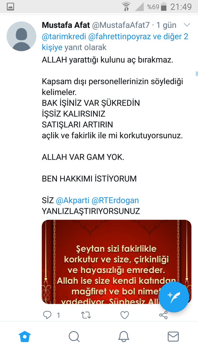 MustafaAfat7's tweet photo. @fahrettinpoyraz Sayin genel müdürüm @fahrettinpoyraz 
Bu paylaşimi yaptiktan sonra 
@tarimkredi benim hesabi engellemiş.

Demekki ben doğru yoldayım.

@tarimkredi KAPSAM İÇİ VE KAPSAM DIŞI personeller

@RTErdogan başkanımızı yanlizlaştırıyor.

Açlık ve işsizlik ile korkutmayı bıraksınlar. https://t.co/jQcCSwSZPX