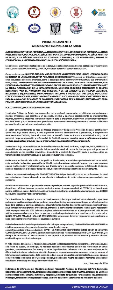 ElmerMascaro's tweet photo. #VictorZamora Gremios nacionales exigen derogatoria de la Res. Ministerial 283-2020 que expone a riesgo salud del Profesional de La Salud Adulto Mayor . @Minsa_Peru @SIPSSAPMINSA @MarthaChavezC @nidiavilchez @Renzoiban @ppmarino @edgaralarconofi @FioreMolinelli @aaronsalomong https://t.co/ZfWUWZBka7