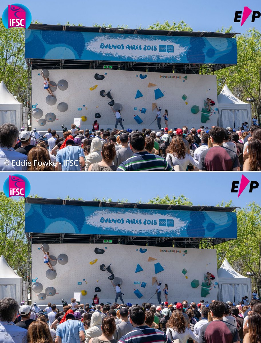 worldclimbing's tweet photo. How good is your eyesight? π Can you find all the differences in these two photos of the @youtholympics @Entre_Prises Climbing Walls? Take a peek and let us know how many you think there are! #ClimbToBuenosAires2018 #IFSCcommunityunity #YOGThrowback https://t.co/fvkfukJkFV