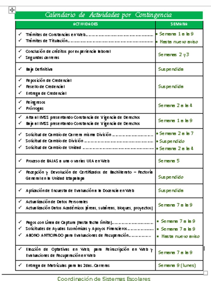 UAM_Iztapalapa's tweet photo. #ServiciosEscolaresUAMI
 informa las semanas en que se llevarán a cabo algunos de los tramites escolares, ¡está al pendiente de ellos!.
Si tienes dudas contáctalos anotando  tu matricula, nombre y carrera https://t.co/DDgrV6yceL