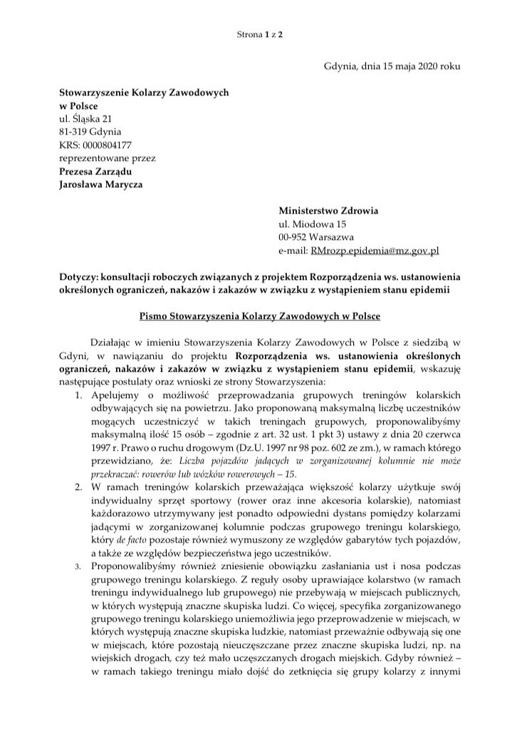 KolarzeWPolsce's tweet photo. @DanutaDmowska @ArenaPruszkow @PKN_ORLEN Pani Minister, zwracamy się z prośbą również o złagodzenie obostrzeń dla kolarzy szosowych. Nasze stanowisko było przesłane do @MZ_GOV_PL w ubiegły piątek #skzp🇵🇱 https://t.co/rjA6XlgVPN